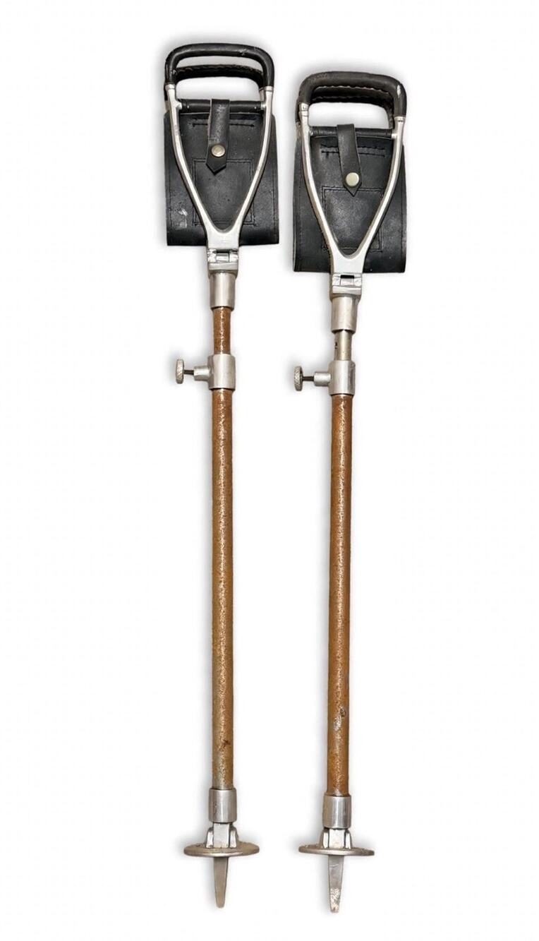 Pair Vintage Shooting Stick Seat Canes Adjustable Hunting Leather Rust Patina